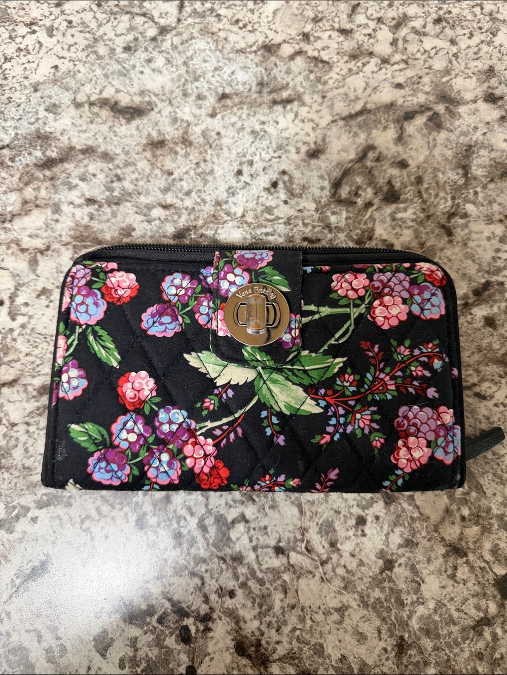 Vera Bradley Black Quilted Wallet with Pink & Purple Floral Print